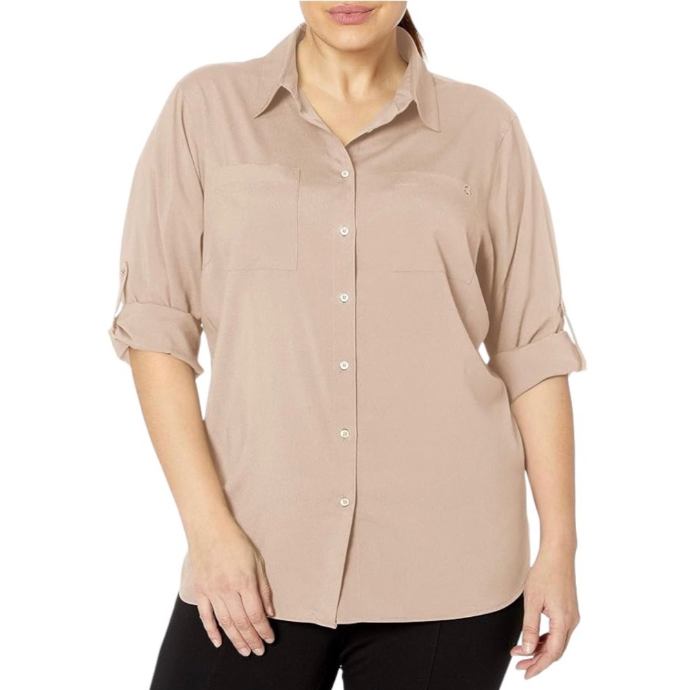 Calvin Klein Roll Sleeve Tunic Button-Down Shirt Women’s Large Beige Gold